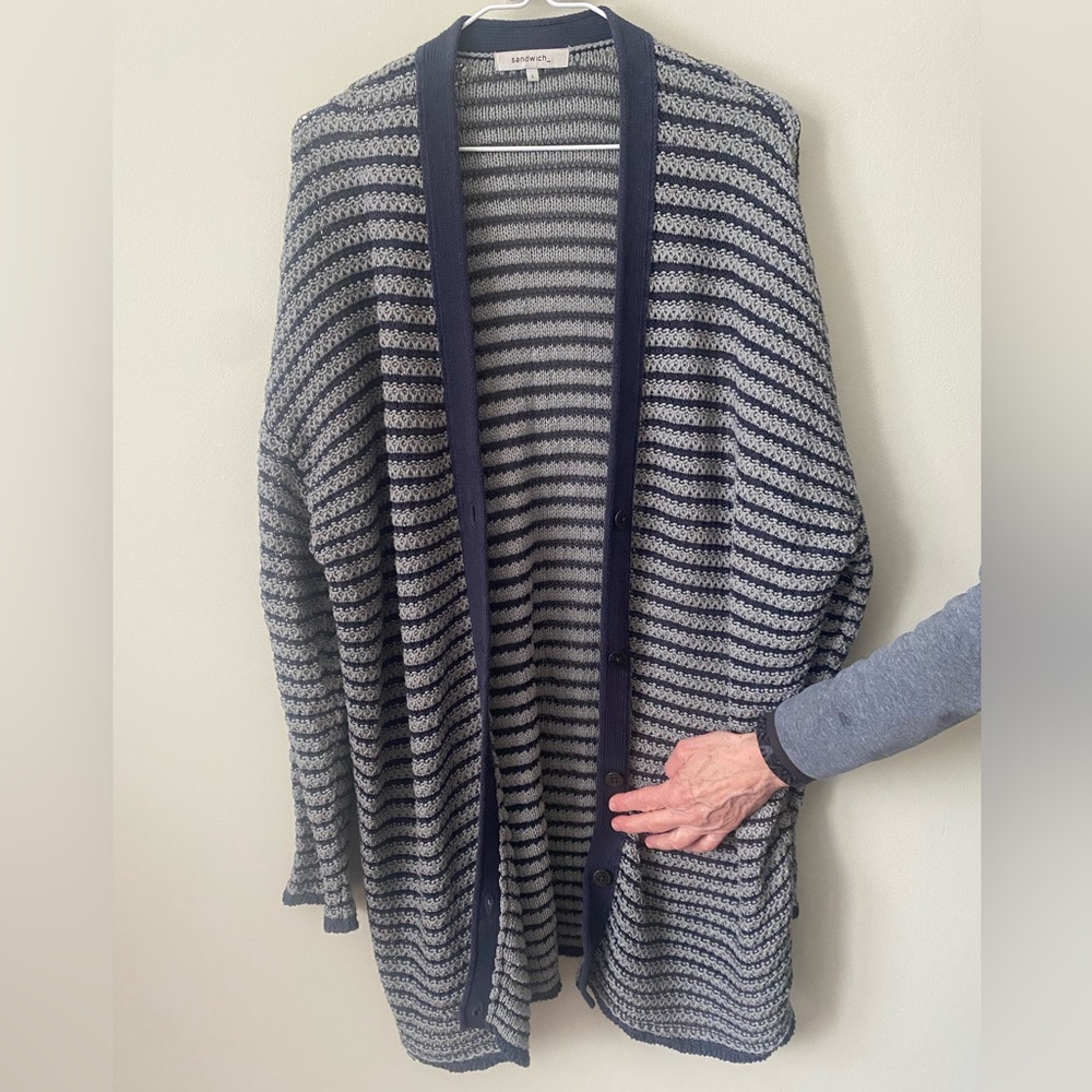 Sandwich Button Up Oversized Sweater, Navy Blue and Grey, Size Large